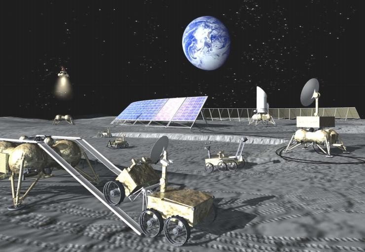 Artist's impression of Russian robotic base in 2037 LUNA GLOB MOON BASE