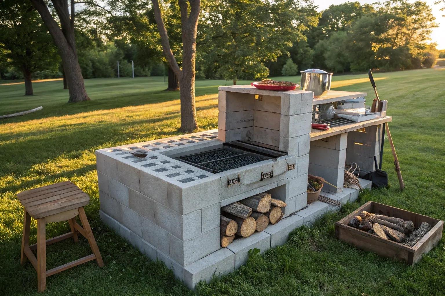 DIY cinder block grill station built in backyard on a budget