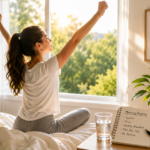 Smiling woman sitting cross-legged on a bed in a bright bedroom, stretching her arms overhead near a window.