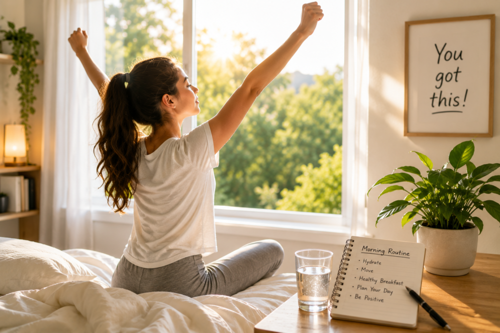 Smiling woman sitting cross-legged on a bed in a bright bedroom, stretching her arms overhead near a window.