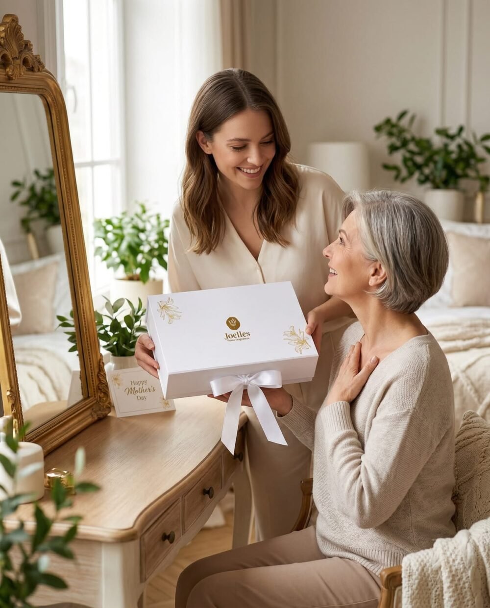 This heartwarming image shows a young woman (daughter) lovingly presenting a elegant white gift box with a ribbon to an older woman (mother/grandmother). Both are smiling warmly in a bright, cozy indoor setting. The moment captures love, gratitude, and joy, perfect for a Mother’s Day post.