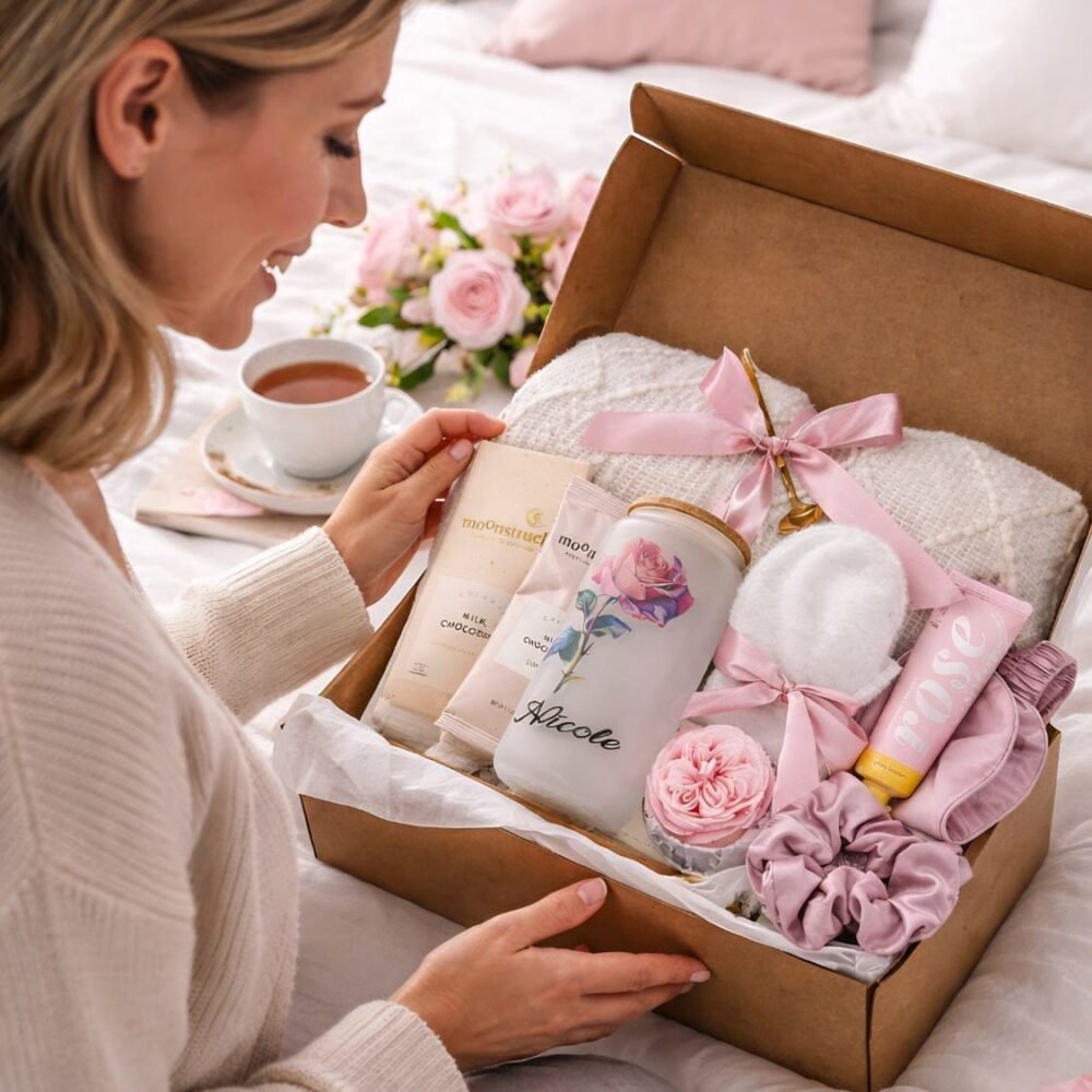 Best Mother’s Day Gifts 2026 - Happy woman opening a personalized pink gift box.