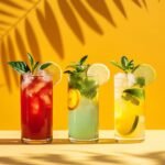 Three colorful, iced summer mocktails garnished with mint and citrus slices, displayed on a bright yellow background under tropical leaf shadows.