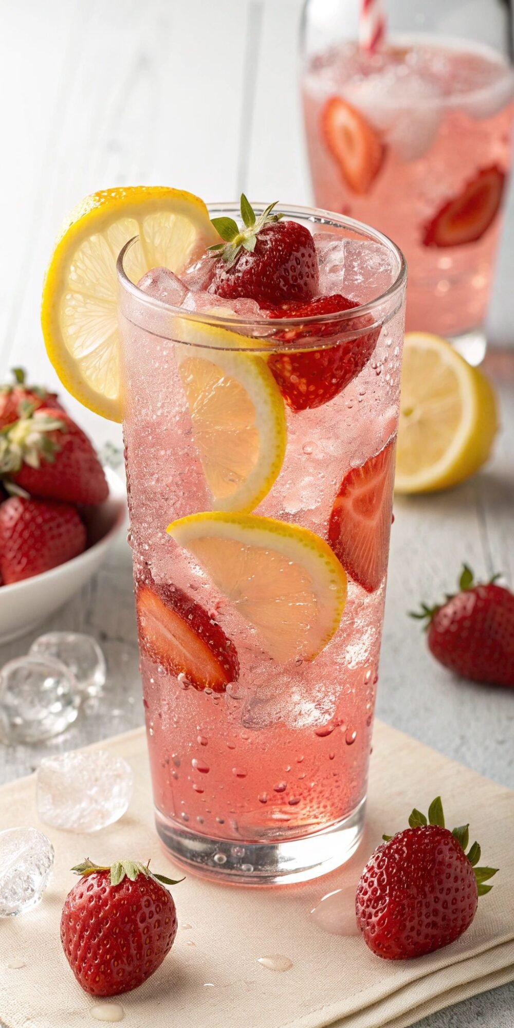 A tall clear glass tumbler filled with an iced pink strawberry lemonade mocktail garnished with fresh strawberry slices and ice cubes on a white table.