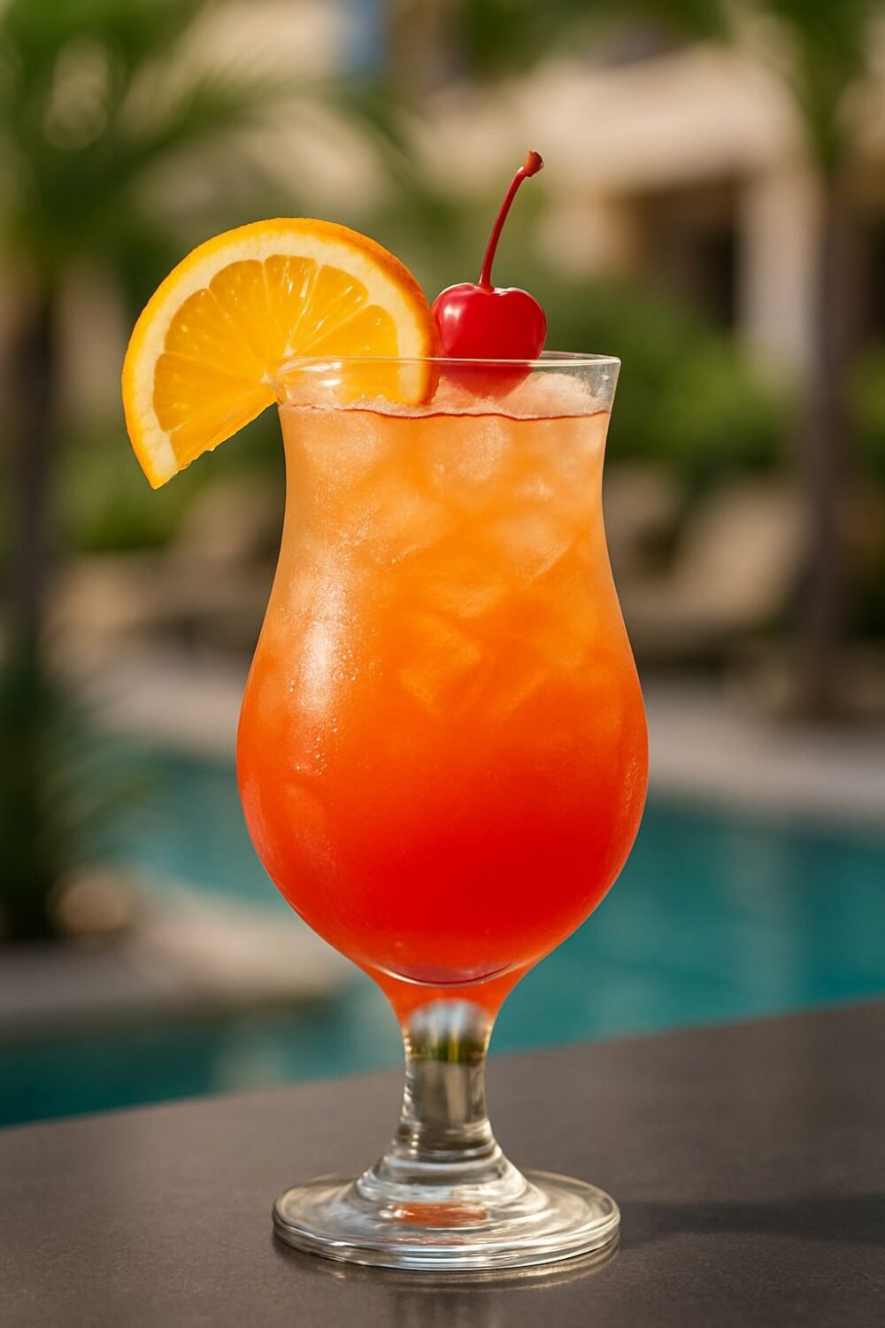 A tall glass tumbler filled with an iced purple butterfly pea flower mocktail garnished with fresh blueberries, orange slices, and mint sprigs.