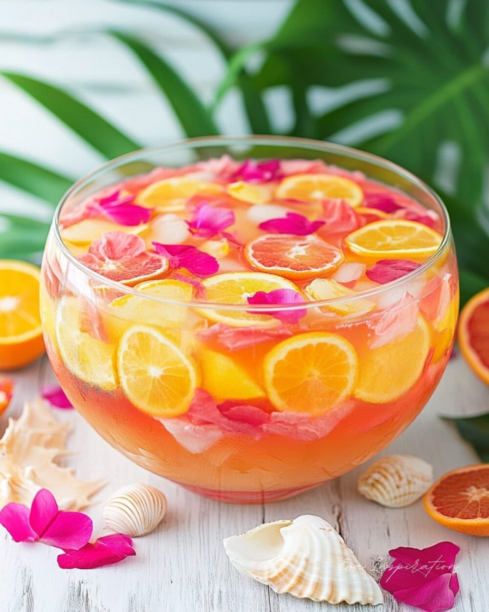 A large, clear glass party punch bowl filled with a vibrant orange summer punch recipe, packed with floating fresh strawberry slices and citrus wheels.