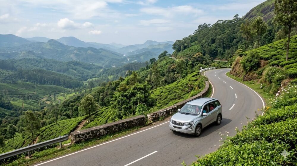Scenic winding road trip through lush green hills and tea plantations in Kerala India