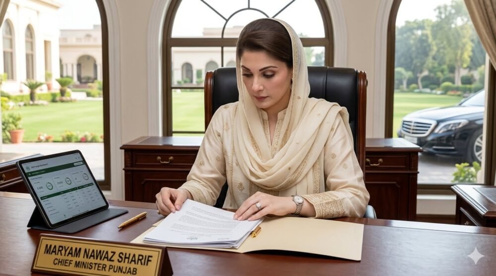 Chief Minister Punjab Maryam Nawaz Sharif working at her official desk in Lahore
