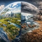 Climate change and global warming impact showing thriving green earth versus dry cracked land and pollution