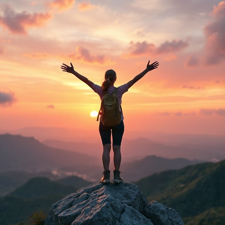 A confident solo female traveler standing atop a scenic mountain peak at sunrise, arms outstretched, looking out at a vast, beautiful landscape. She has a backpack, wearing practical hiking gear. The sky is a mix of orange, pink, and purple hues, with soft clouds. The mood is exhilarating, empowered, and serene. Cinematic, highly detailed, ultra realistic, 8k quality, photorealistic.