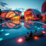 A vibrant and futuristic public plaza at dusk, featuring a large, reflective pool mirroring the illuminated, organic-shaped architectural structures. People are strolling and gathering, some sitting on uniquely designed benches, with soft, colorful up-lighting emanating from the ground. The mood is inspiring and communal, showcasing a harmonious blend of nature and advanced design, pushing the boundaries of urban aesthetics. cinematic, ultra realistic, highly detailed, 8k quality, photorealistic