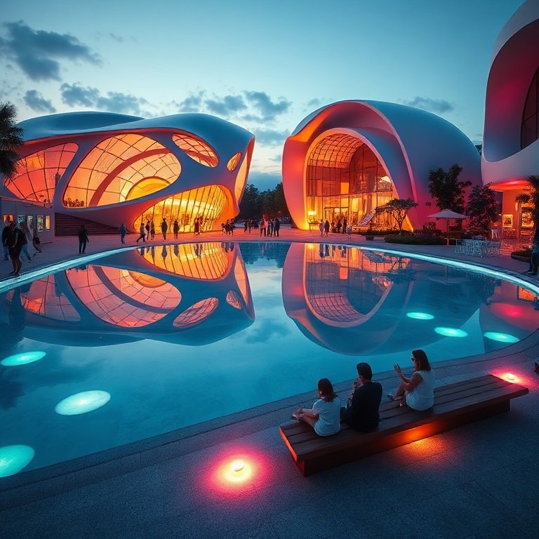 A vibrant and futuristic public plaza at dusk, featuring a large, reflective pool mirroring the illuminated, organic-shaped architectural structures. People are strolling and gathering, some sitting on uniquely designed benches, with soft, colorful up-lighting emanating from the ground. The mood is inspiring and communal, showcasing a harmonious blend of nature and advanced design, pushing the boundaries of urban aesthetics. cinematic, ultra realistic, highly detailed, 8k quality, photorealistic
