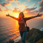 A solo female traveler stands on a cliff overlooking a breathtaking sunset over the ocean, arms outstretched in a gesture of freedom and joy. She has a wide, genuine smile, with warm golden light illuminating her face. The scene is vibrant with deep oranges, purples, and blues, conveying a sense of adventure, peace, and profound happiness, cinematic atmosphere, ultra realistic, highly detailed, 8k quality, photorealistic