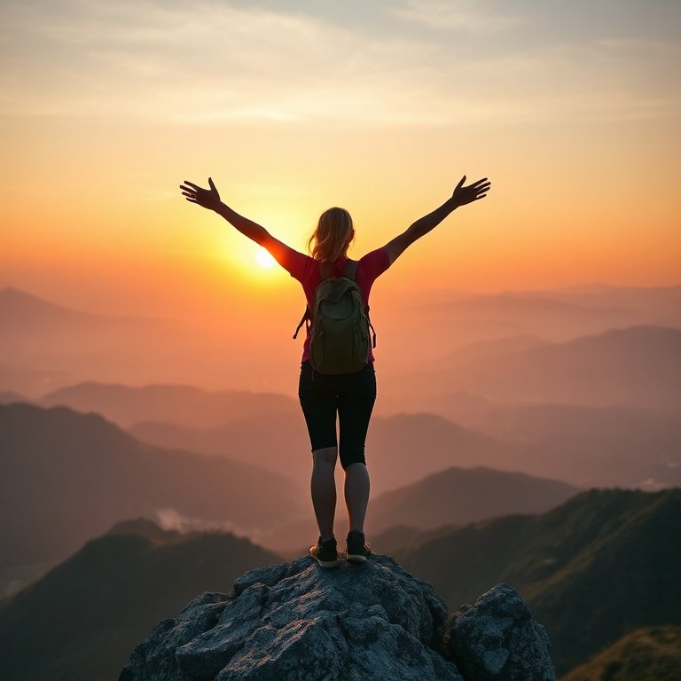 A confident solo female traveler standing atop a mountain peak at sunrise, arms outstretched, looking out over a breathtaking panoramic landscape of mist-filled valleys and distant mountains. She has a backpack and hiking gear. The sun casts warm, golden light across the scene, evoking a sense of accomplishment, freedom, and awe. The sky is a gradient of soft oranges, pinks, and purples. The mood is inspirational and serene. The image should be ultra realistic, highly detailed, 8k quality, photorealistic, suitable for 'Science Solo Female' article imagery.