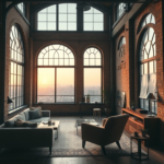 A beautifully converted industrial loft apartment with high ceilings, exposed brick walls, large arched windows letting in abundant natural light, minimalist modern furniture, a cozy reading nook with a plush armchair, and a view of a city skyline at dusk. The atmosphere is peaceful and conducive to silent focus, with warm ambient lighting and subtle industrial details. cinematic, ultra realistic, highly detailed, 8k quality, photorealistic