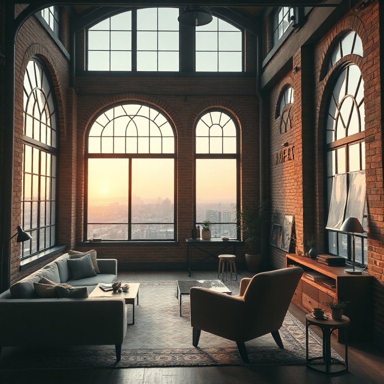 A beautifully converted industrial loft apartment with high ceilings, exposed brick walls, large arched windows letting in abundant natural light, minimalist modern furniture, a cozy reading nook with a plush armchair, and a view of a city skyline at dusk. The atmosphere is peaceful and conducive to silent focus, with warm ambient lighting and subtle industrial details. cinematic, ultra realistic, highly detailed, 8k quality, photorealistic