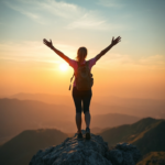 A confident solo female traveler standing atop a mountain peak at sunrise, arms outstretched, looking out at a vast, beautiful landscape. She has a backpack and hiking gear. The scene is majestic and inspiring, with warm golden light, cinematic atmosphere, ultra realistic, highly detailed, 8k quality, photorealistic, symbolizing freedom and accomplishment.