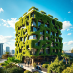 A stunning example of modern biophilic architecture, featuring a multi-story building with lush vertical gardens cascading down its facade, large windows reflecting a vibrant blue sky, and people enjoying a rooftop terrace with abundant greenery. The scene is bright and optimistic, showcasing a harmonious blend of urban and natural elements, 8k quality, photorealistic, cinematic atmosphere, warm natural sunlight