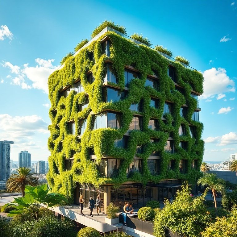 A stunning example of modern biophilic architecture, featuring a multi-story building with lush vertical gardens cascading down its facade, large windows reflecting a vibrant blue sky, and people enjoying a rooftop terrace with abundant greenery. The scene is bright and optimistic, showcasing a harmonious blend of urban and natural elements, 8k quality, photorealistic, cinematic atmosphere, warm natural sunlight