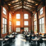 A beautifully restored historic factory building repurposed as a modern, vibrant co-working space, featuring large industrial windows, exposed brick walls, contemporary lighting fixtures, and collaborative work areas with people working on laptops, bathed in warm natural sunlight, cinematic atmosphere, ultra realistic, highly detailed, 8k quality, photorealistic