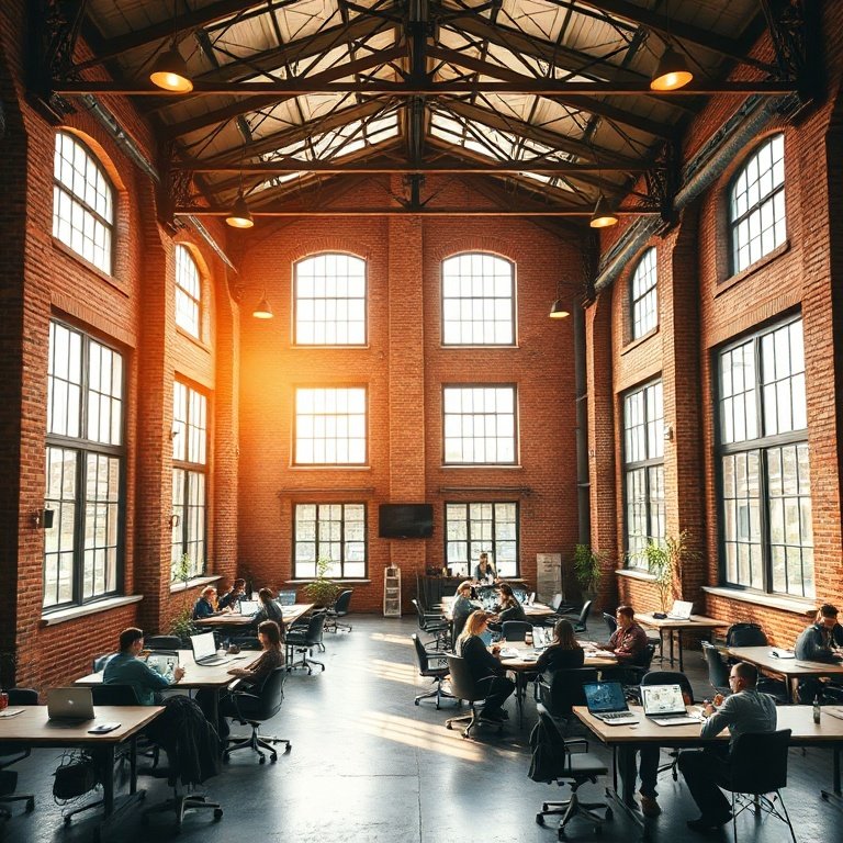 A beautifully restored historic factory building repurposed as a modern, vibrant co-working space, featuring large industrial windows, exposed brick walls, contemporary lighting fixtures, and collaborative work areas with people working on laptops, bathed in warm natural sunlight, cinematic atmosphere, ultra realistic, highly detailed, 8k quality, photorealistic