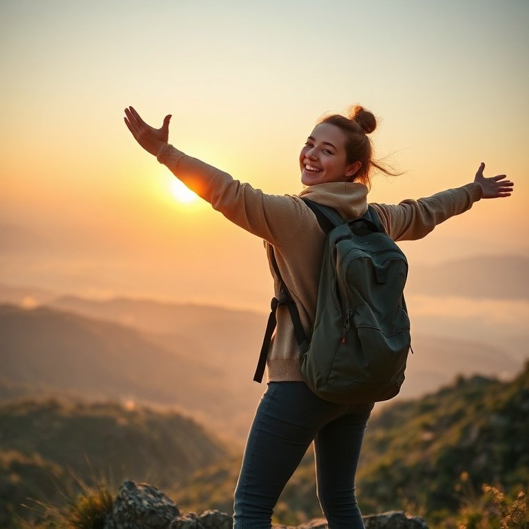 A confident solo female traveler standing at a scenic viewpoint overlooking a vast, beautiful landscape at sunrise, arms outstretched in joy. She has a backpack and a wide smile, wearing comfortable travel clothes. The scene is bathed in warm golden light with soft mist in the valleys, conveying a sense of freedom, adventure, and happiness. Focus on the feeling of accomplishment and the beauty of the natural world. The image should evoke a sense of 'decoding' one's inner strength through travel, ultra realistic, highly detailed, 8k quality, photorealistic