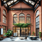 A beautifully renovated historic brick industrial building, now a modern co-working space, with large arched windows, exposed original steel beams, contemporary minimalist furniture, abundant natural light, and a vibrant, collaborative atmosphere. The exterior shows ivy growing on aged brick, contrasting with sleek new signage. Daytime, urban setting, adaptive reuse project, 8k quality, photorealistic