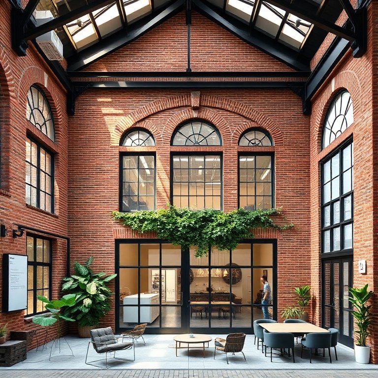 A beautifully renovated historic brick industrial building, now a modern co-working space, with large arched windows, exposed original steel beams, contemporary minimalist furniture, abundant natural light, and a vibrant, collaborative atmosphere. The exterior shows ivy growing on aged brick, contrasting with sleek new signage. Daytime, urban setting, adaptive reuse project, 8k quality, photorealistic