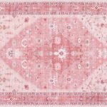 traditional-style area rugs in various shades of pink and mauve, featuring intricate geometric and medallion patterns with a distressed, vintage look.