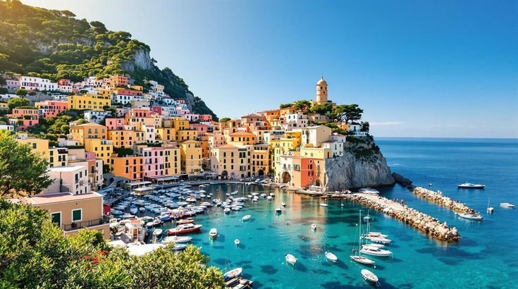 A vibrant, panoramic view of a colorful Italian coastal village nestled into steep cliffs along the turquoise Mediterranean Sea, featuring traditional Mediterranean architecture under a bright, sunny sky.