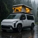 White Kia PV5 electric camper van with open glowing pop-up tent parked in heavy rain in a forest