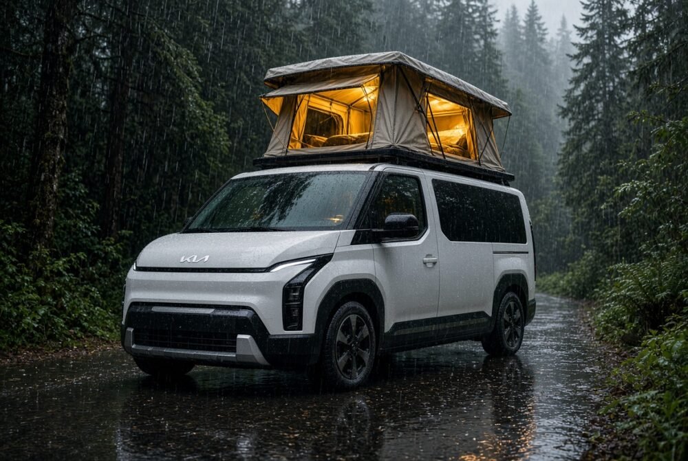 White Kia PV5 electric camper van with open glowing pop-up tent parked in heavy rain in a forest